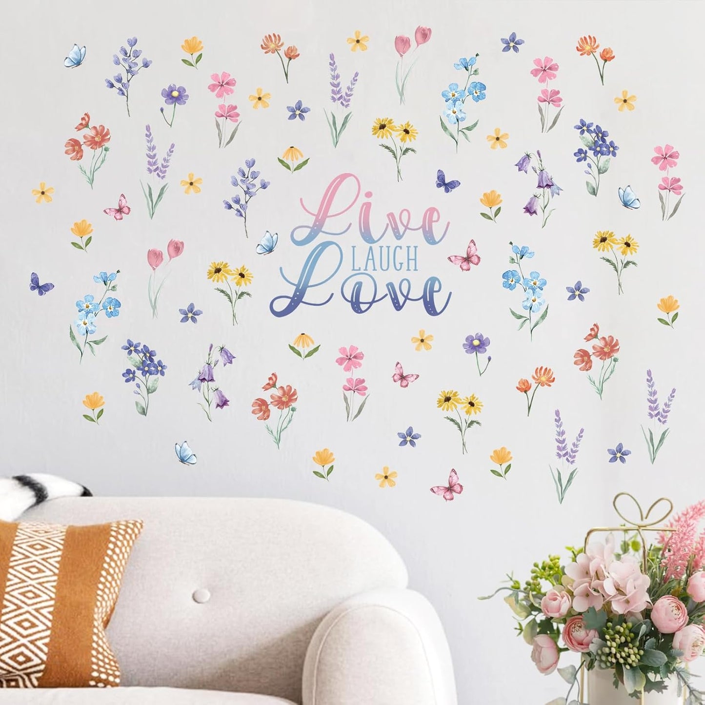 Mfault Watercolor Wildflower Floral Wall Decals Stickers, Live Laugh Love Flowers Butterfly Decorations Bedroom Art, Spring Summer Botanical Seasonal Home Living Room Kitchen Decor