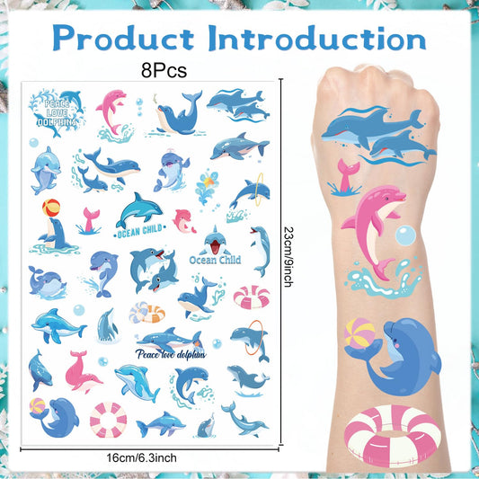 Dolphin Temporary Tattoos Stickers - 200+ Dolphin Temporary Tattoo Kids Ocean Animals Themed Party Decorations Sea Themed Party Fevors Cute Temporary Tattoos Party Supplies Rewards Prizes
