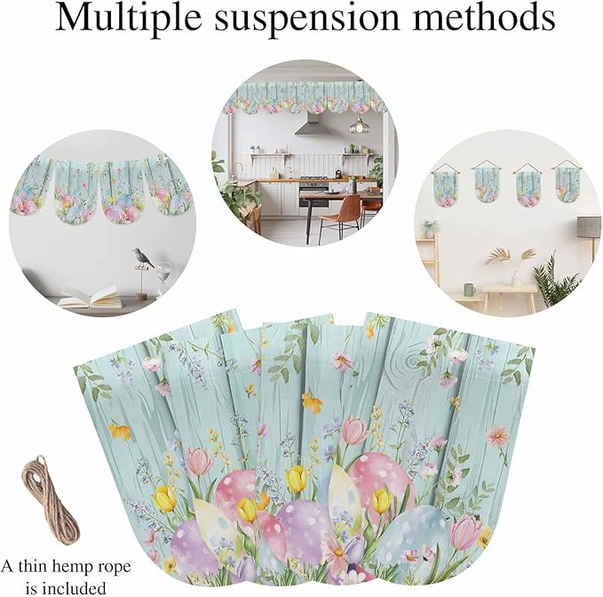 Easter Eggs Banner 4Pcs Indoor Outdoor Hanging Banner Flag Spring Daisy Eucalyptus Leaves Teal Wooden Sign for Fireplace Mantel Decorative Bunting Garland Valance for Shop Door Mantle Decor 7.9"x11.8"