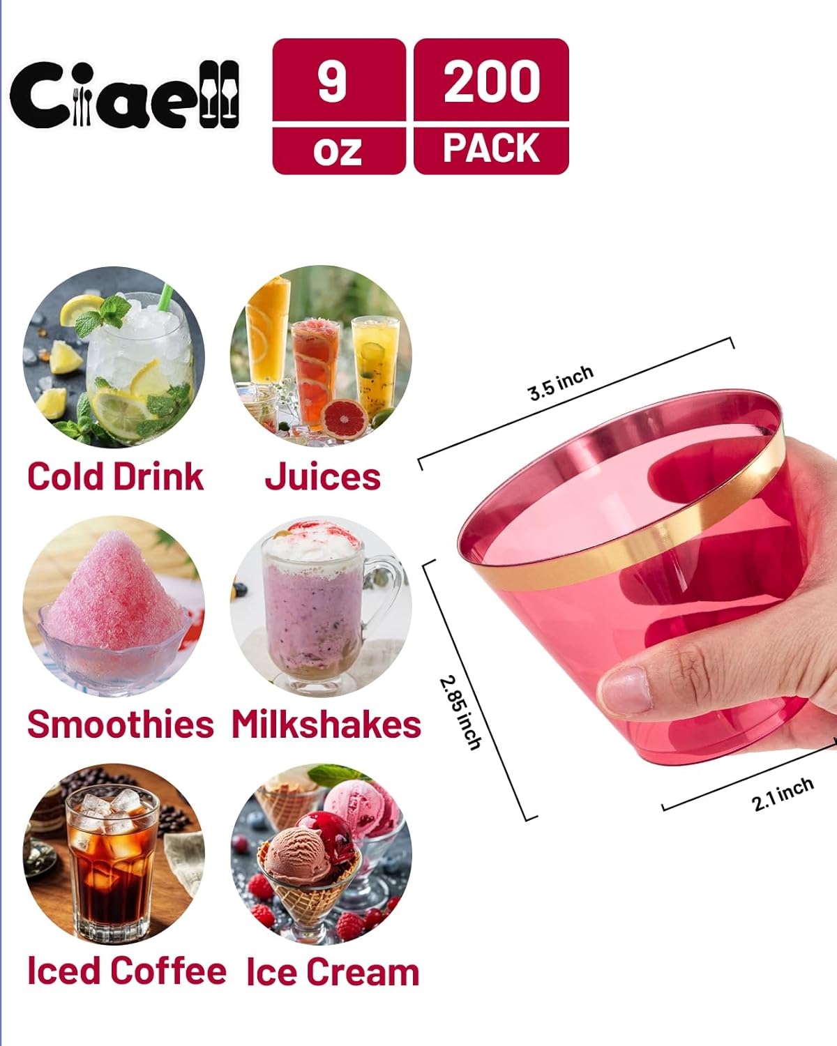 Ciaell 200PCS Red Plastic Cups - 9 Oz Gold Plastic Cups - Heavy Duty Gold Rimmed Disposable Cup - Disposable Wine Glasses with Gold Rim for Party & Wedding & Christmas