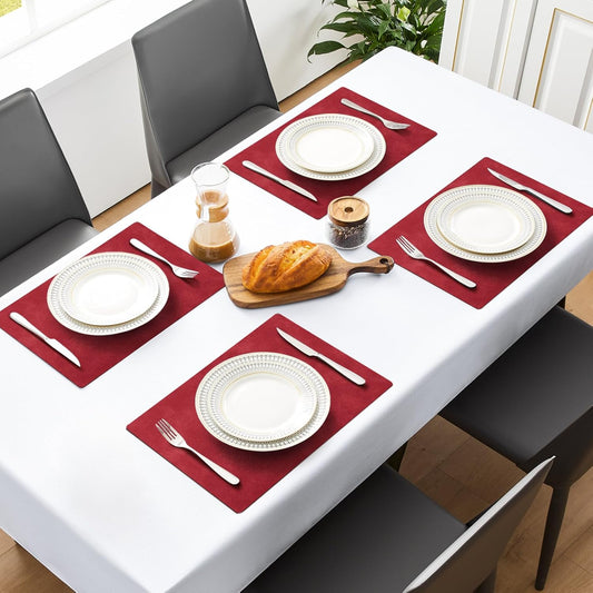 MOSAYT Vinyl Placemats Set of 8-12 X 17 Inch - Faux Leather 100% Waterproof Oil-Proof Wipeable PU Place Mats, Heat Resistant Reversible Table Mats for Kitchen, Dining, Outdoor (Red)