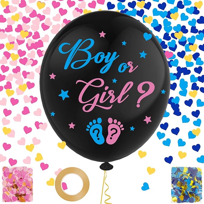 Gender Reveal Balloon 1 Pack 36 Inch Black Balloons Boy or Girl Baby Gender Reveal Decorations Kit Ideas with Pink Blue Heart Shaped Confetti Large Big Balloon Baby Shower Party Favors