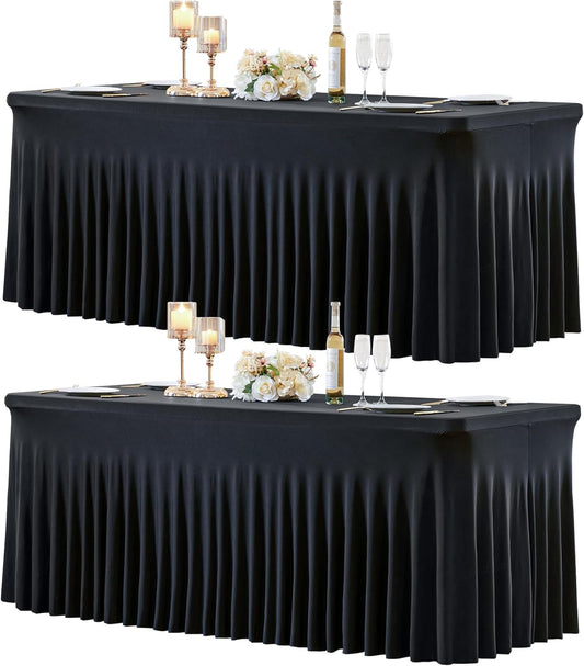 2 Pack 6ft Black Spandex Tablecloths for Rectangle Tables Wrinkle Free Black Rectangle Table Cloths Stretch Fitted Table Cover with Skirt for Wedding Birthday Party Banquet Baby Shower Buffet Event
