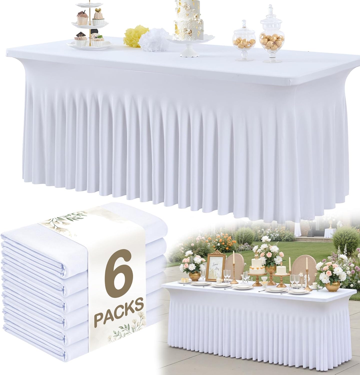 6pk White Spandex Tablecloths 6ft for Rectangle Tables, Wrinkle Free Classy Table Skirt Stretchy Fitted Table Cloths Covers 6 Foot for Weddings Birthday Party Events Banquette Baby Shower