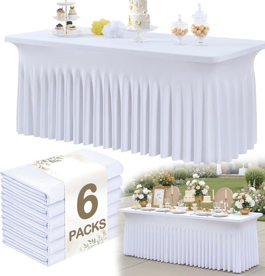 6pk White Spandex Tablecloths 6ft for Rectangle Tables, Wrinkle Free Classy Table Skirt Stretchy Fitted Table Cloths Covers 6 Foot for Weddings Birthday Party Events Banquette Baby Shower