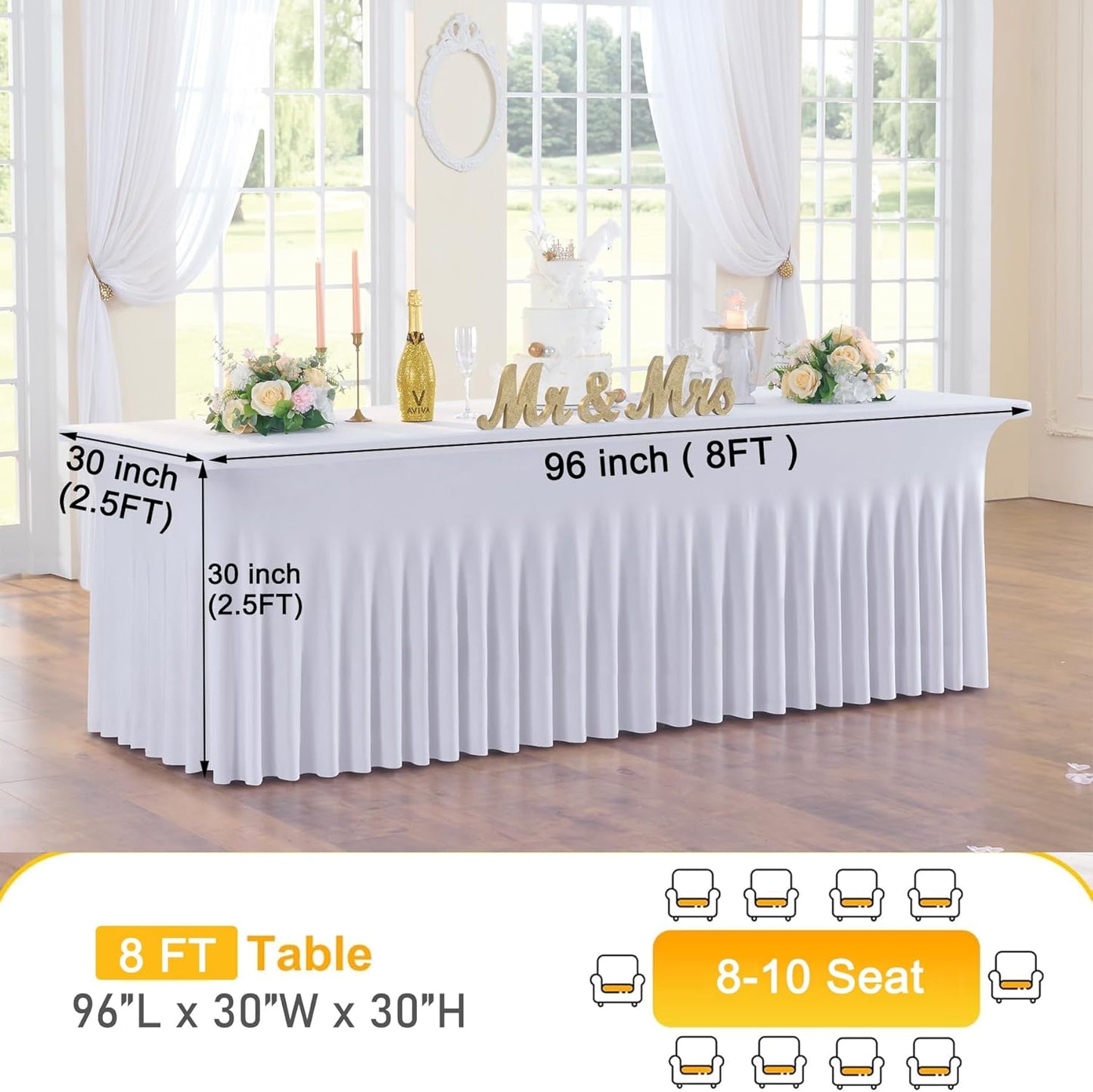 2pk White 8ft Spandex Tablecloths for Rectangle Tables, Wrinkle Free Wavy White Table Skirt Stretchy Fitted Table Cloth Covers 8 Foot for Weddings Birthday Party Events Banquette Baby Shower