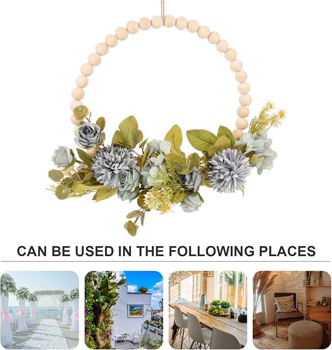 DECHOUS Wood Bead Garland Floral Hoop Wreath Wall Hanging Decor Artificial Flower with Eucalyptus Leaves Hanging Hoop Wreath for Thanksgiving Xmas Wedding Arch Backdrop Door Dark Blue