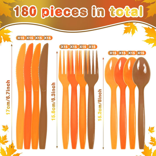 180 PCS Autumn Plastic Silverware Set Disposable Orange Brown Utensils Heavy Duty Plastic Cutlery Set Disposable Includes Spoons Forks Knives for Thanksgiving Party Decoration Supplies