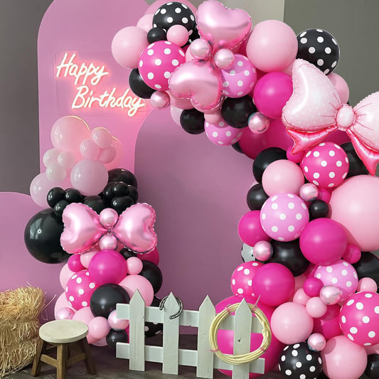 Pink and Black Balloons Arch Balloons Garland with Bow Heart Foil Balloon Cartoon Mouse Birthday Party Decorations Pastel Hot Pink White Dot Latex Balloon Baby Bridal Shower Supplies