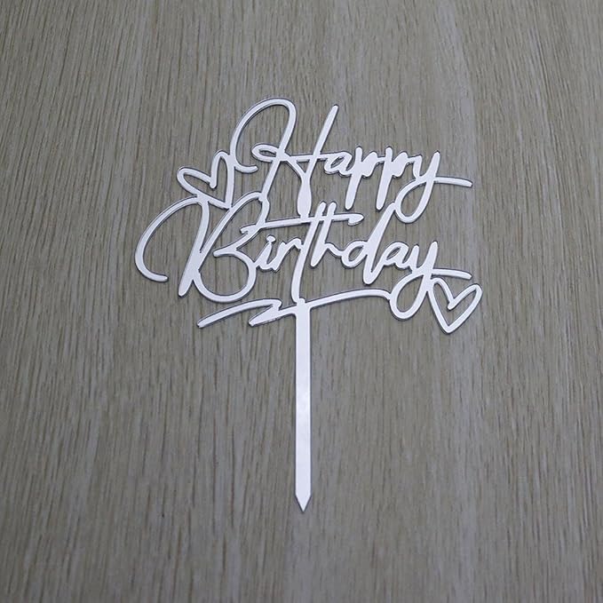 Happy Birthday Cake Topper - Birthday Party Decorations, Mirror Silver Acrylic