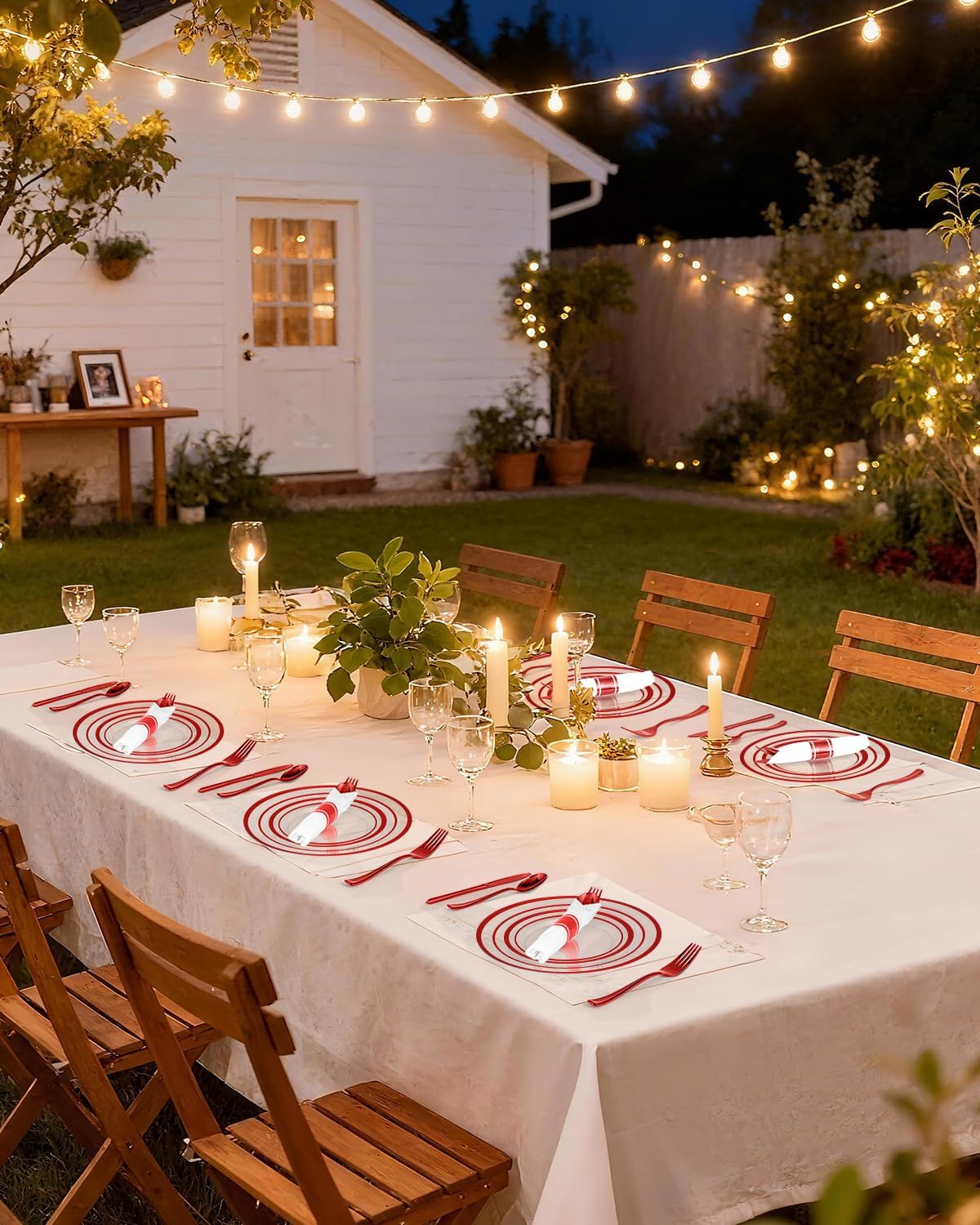 Goodluck 350 Piece Red Plastic Plates, Clear Plastic Silverware Disposable Plates Set, Include 100Plates, 50Pack Pre Rolled Napkins with Silverware, 50Cups for Party, Christmas, Graduation, Wedding
