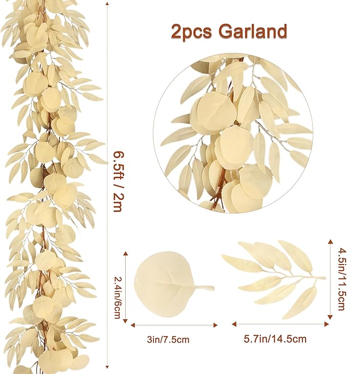Greentime 2 Pack Artificial Eucalyptus Garland 6.5FT Champ Boho Spring Garland for Wedding DIY Table Runner with Warm Taupe Flowers Fireplace Fences Decor