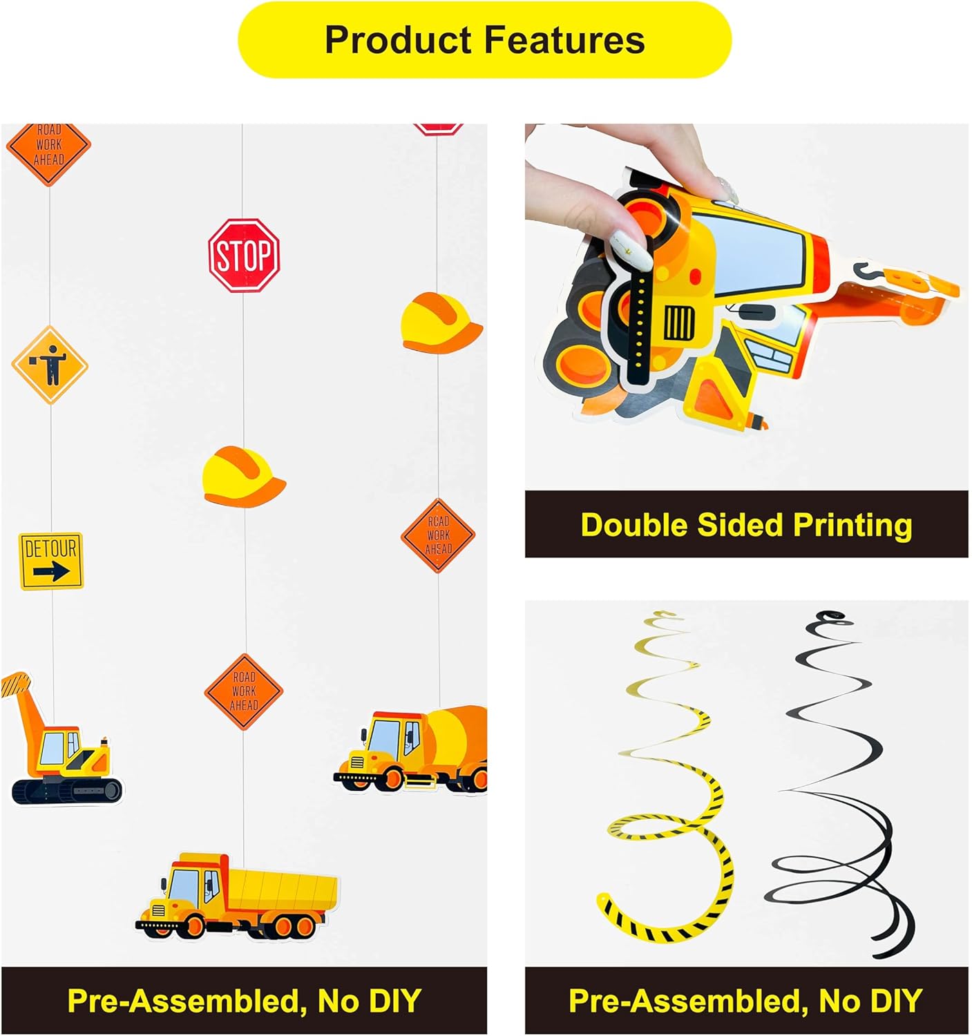 16Pcs Construction Theme Party Hanging Decorations – Swirl Set with Trucks, Traffic Cone & Safety Symbols | Party Supplies & Decorations, Party Favors for Construction Themed Celebrations