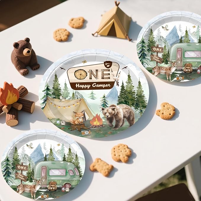 230PCS Camper 1st Birthday Decorations, All-in-1 Supplies Pack, Includes 20 Camper Theme Tableware, Backdrop, High Chair Banner, Tablecloth Balloon Kit for 1st Birthday Party Themes