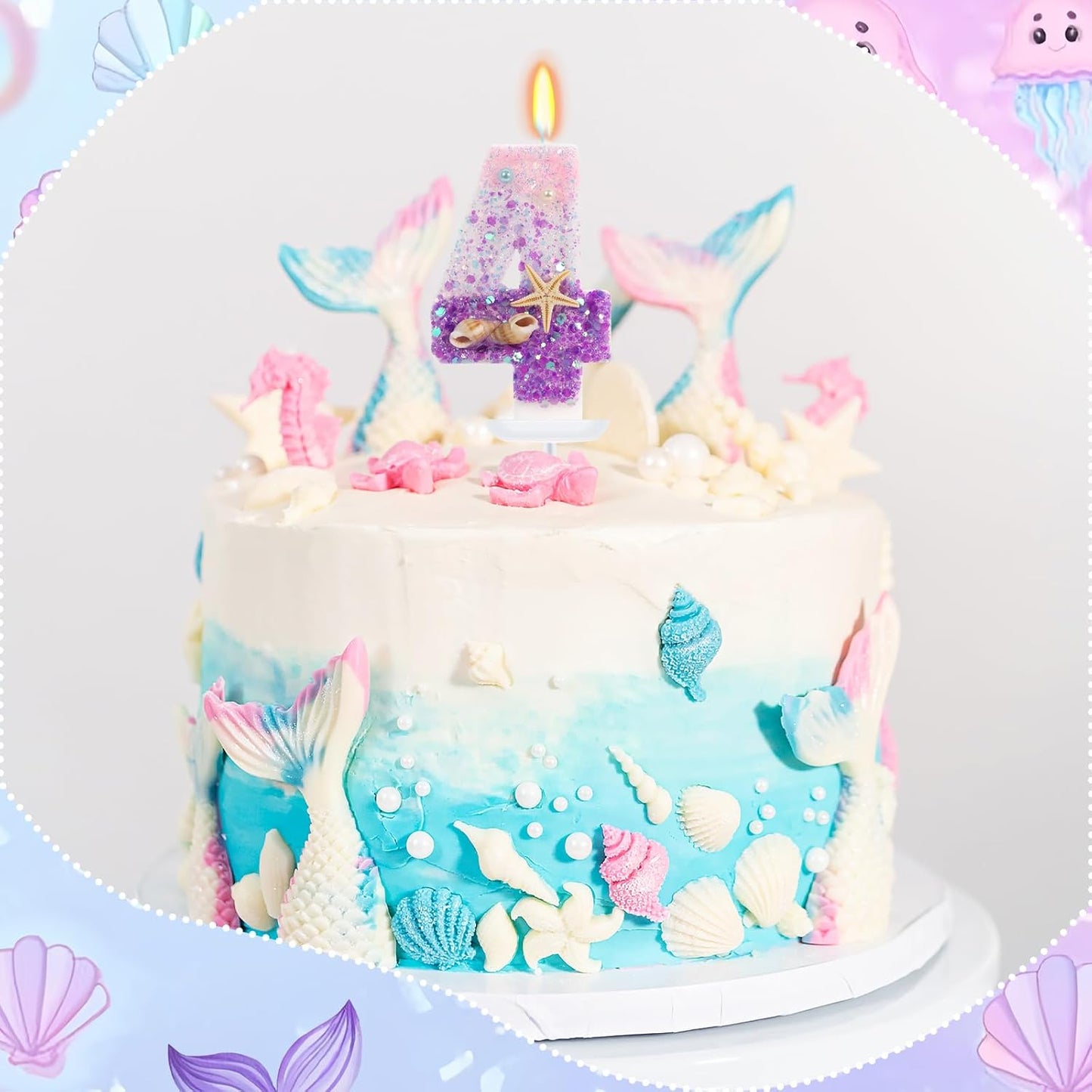 Purple Mermaid Party Number 4 Cake Candles, 2.76 inch Birthday Candle, Cake Topper Decoration for Birthday Party (Number 4)