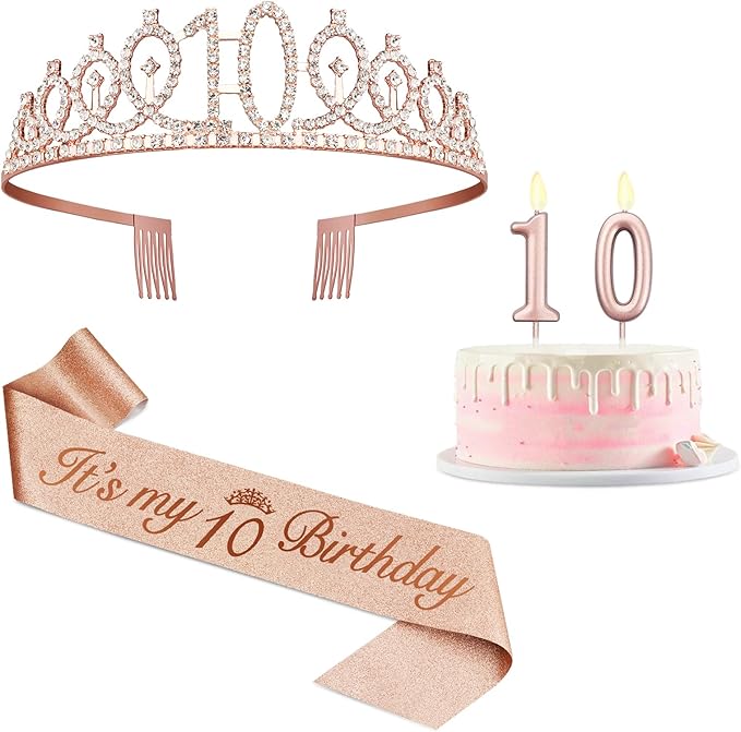 10th Birthday Decorations for Girls with Rose Gold Sash, Tiara,Numbers Candles, Sincere 10th Birthday Gifts for Girls