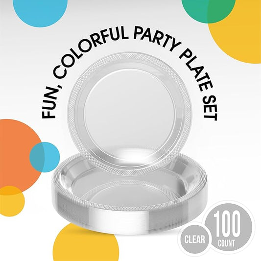 Party Solids Clear Plastic Plates For Party Supplies, Clear Disposable Plates 100 Pieces - 50-7" & 50-9" Heavy Duty 350 GSM Disposable Dinnerware Sets, Plastic Dinnerware Sets