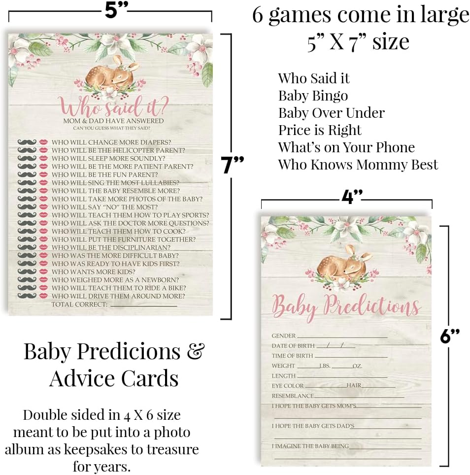 Baby Shower Games 8 Game Set Pink Watercolor Little Deer Woodland Floral 80 Double-Sided Cards for 20 Guests. Baby Shower Bingo, Baby Predictions & Activities for Guests. Theme for Girl