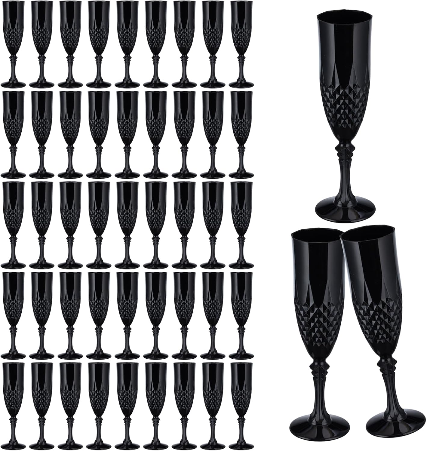 7.1OZ Plastic Champagne Flutes,48PCS Black Glassware Wine Glasses Goblets Shatterproof Mimosa Bar Reusable Vintage Champagne Flutes Stemmed Drinking Cups for Weddings ,Parties, Toasting,Halloween