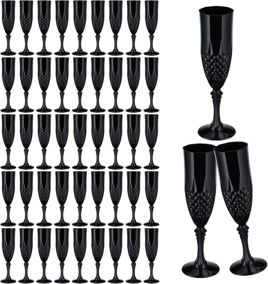 7.1OZ Plastic Champagne Flutes,48PCS Black Glassware Wine Glasses Goblets Shatterproof Mimosa Bar Reusable Vintage Champagne Flutes Stemmed Drinking Cups for Weddings ,Parties, Toasting,Halloween