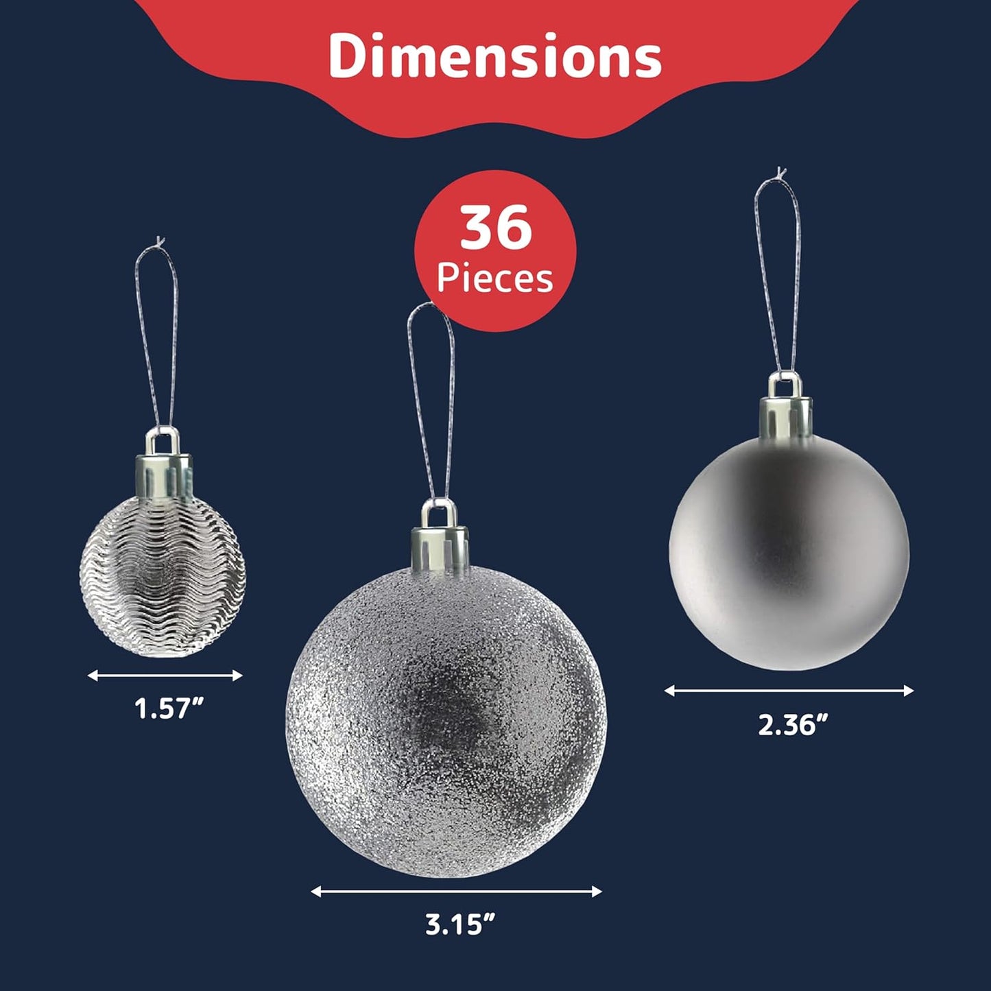 Prextex 36pc Shatterproof Silver Christmas Balls Ornament Set - Festive Christmas Tree Ornaments in 3 Different Sizes and 6 Styles - Holiday Decoration with Hanging Loops for Tree, Wreath, Party Decor