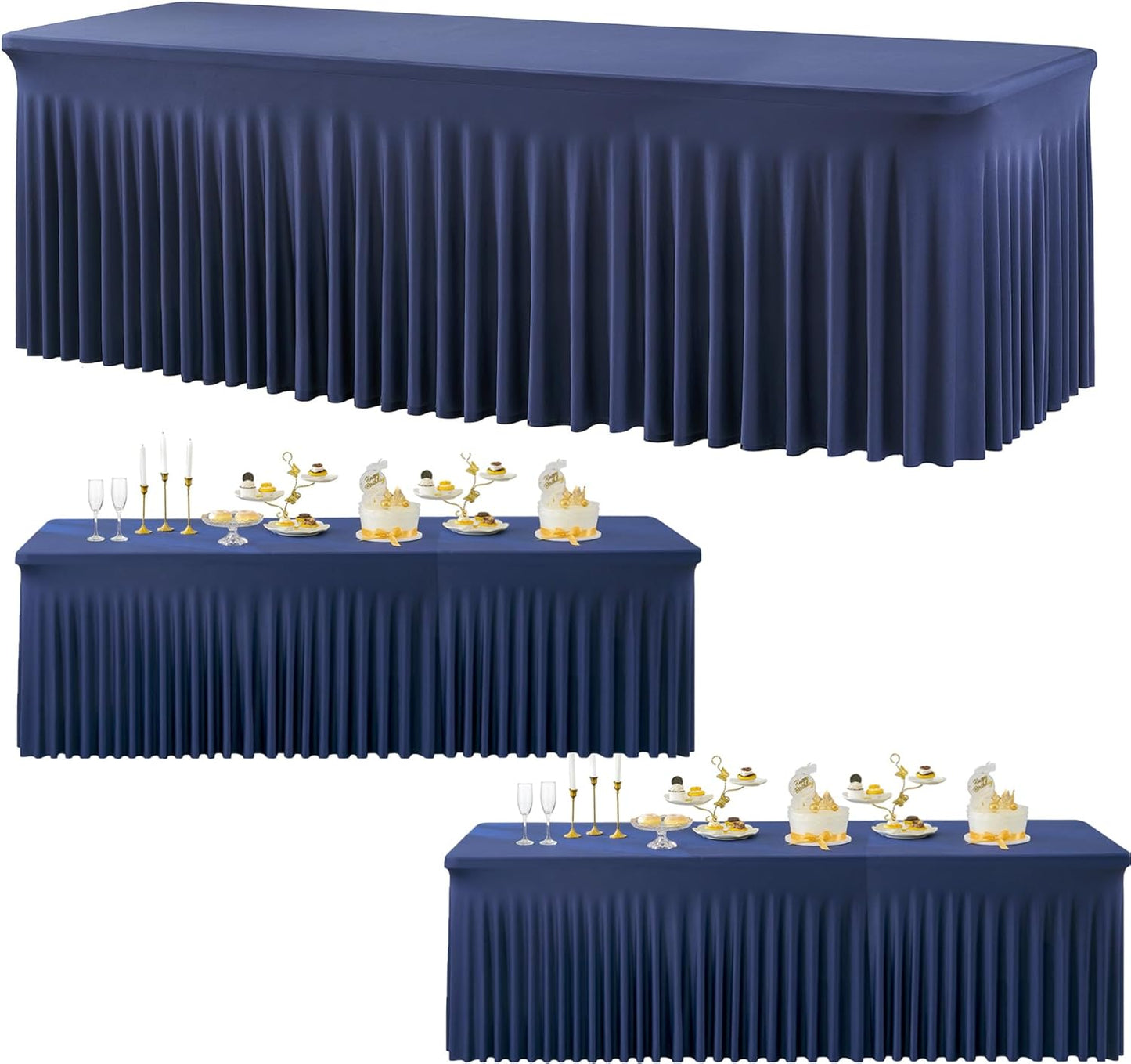 3 Packs Navy Blue Spandex Tablecloths for 8 Foot Rectangle Tables, Stretchy Fitted 8FT Blue Table Skirt for Wedding Party, Wrinkle Free Tablecloths for Banquet Wedding Birthday Party