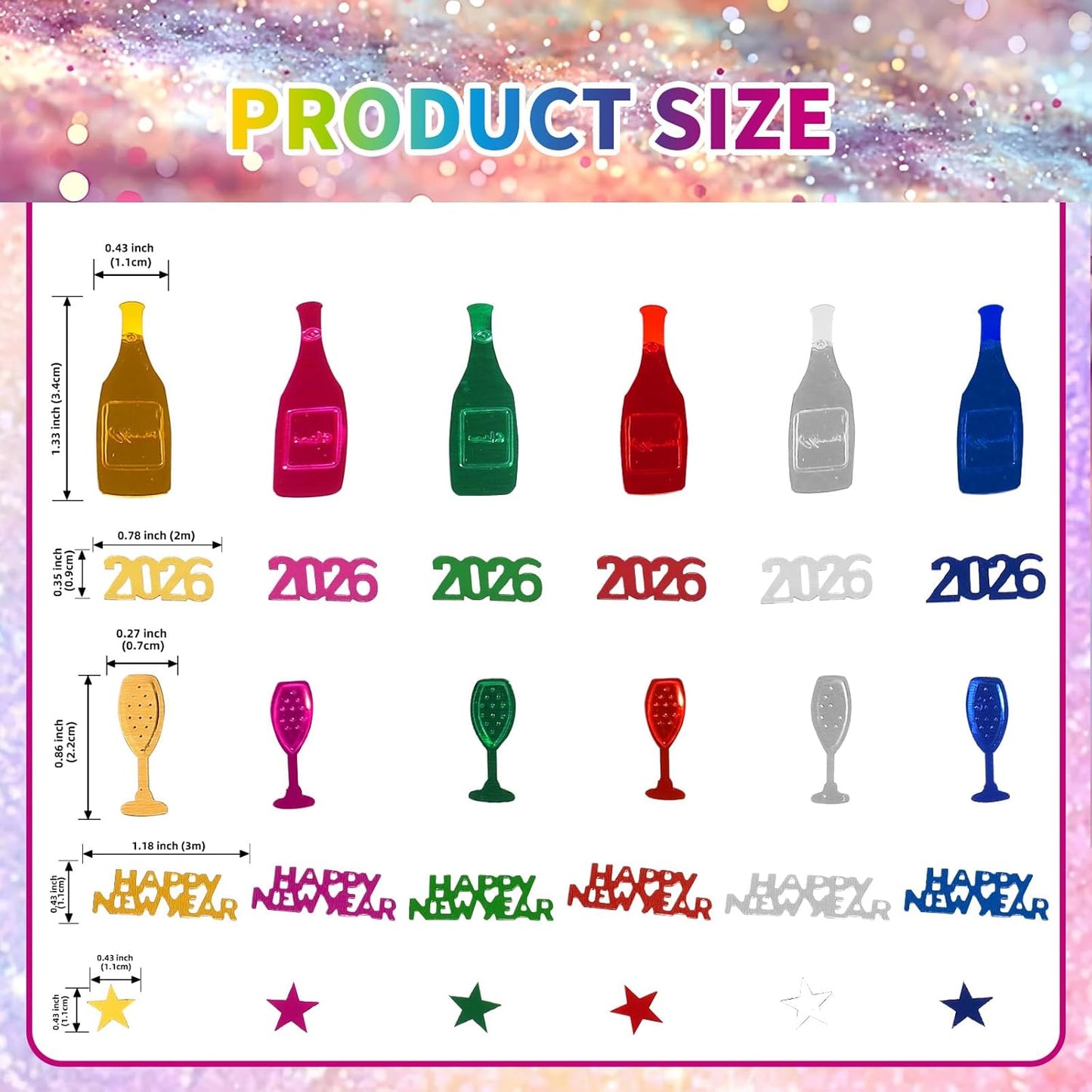 Happy New Year 2026 Confetti, Multicolor Star Wine Bottle Sprinkles Table Scatter Confetti for New Years Eve Decorations