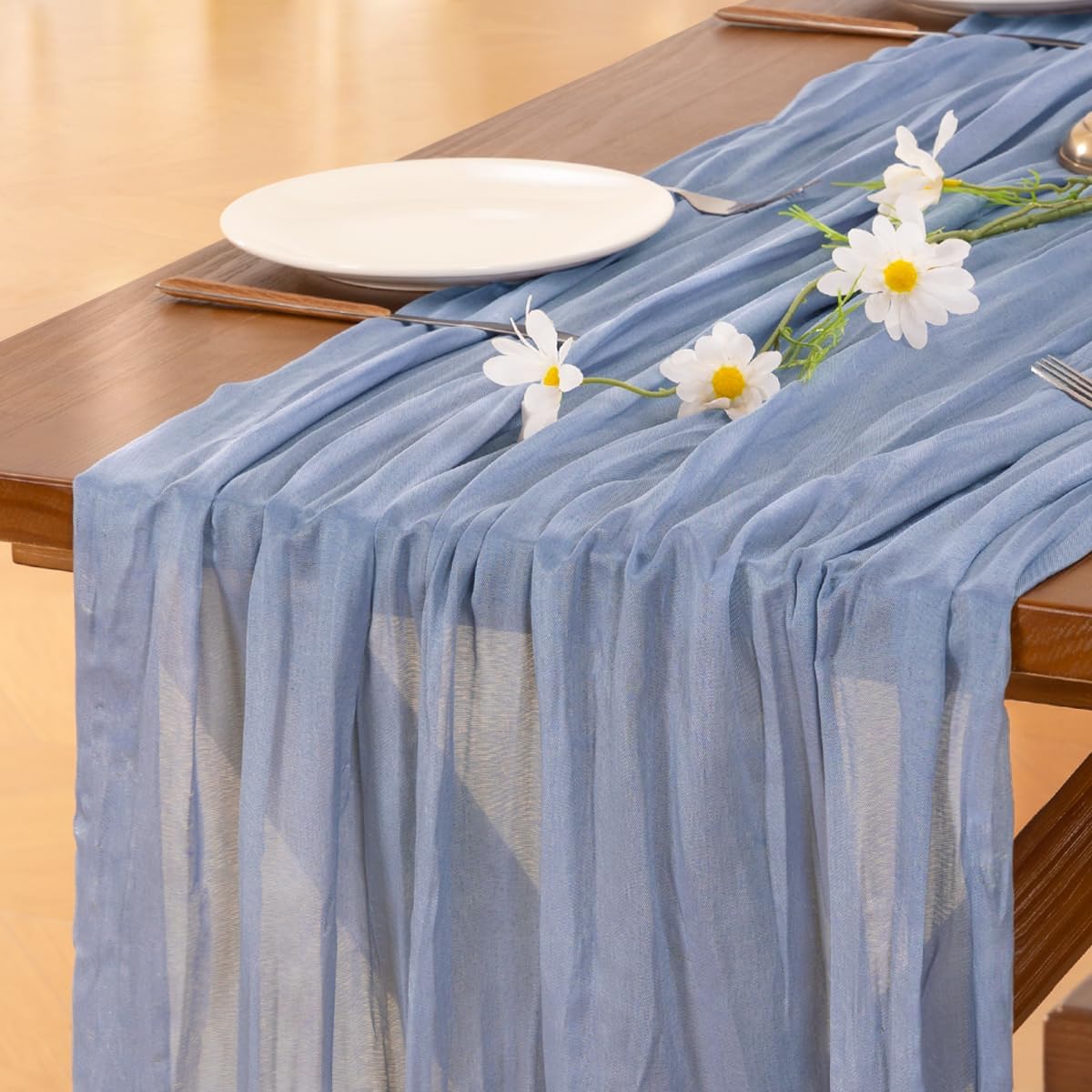 Socomi 3pcs Dusty Blue Fall Thanksgiving Cheesecloth Table Runner Boho Rustic Gauze 120 inch 10FT Cheese Cloth Runner for Wedding Party Baby Shower Birthday Home Decor Holiday Decorations