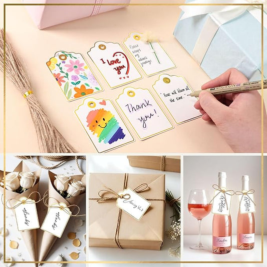 VGOODALL 50PCS Gift Tags with String Attached, 2 x 3 Inches Paper Blank Hang Tags with String for Clothes DIY Crafts Wedding Holiday (White)