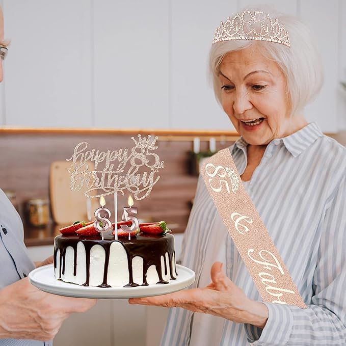 85th Birthday Party Decorations, Including 85th Birthday Sash and Crown, Cake Topper and Candles, Number Balloons, 85 Year Old Decorations Gifts Idea