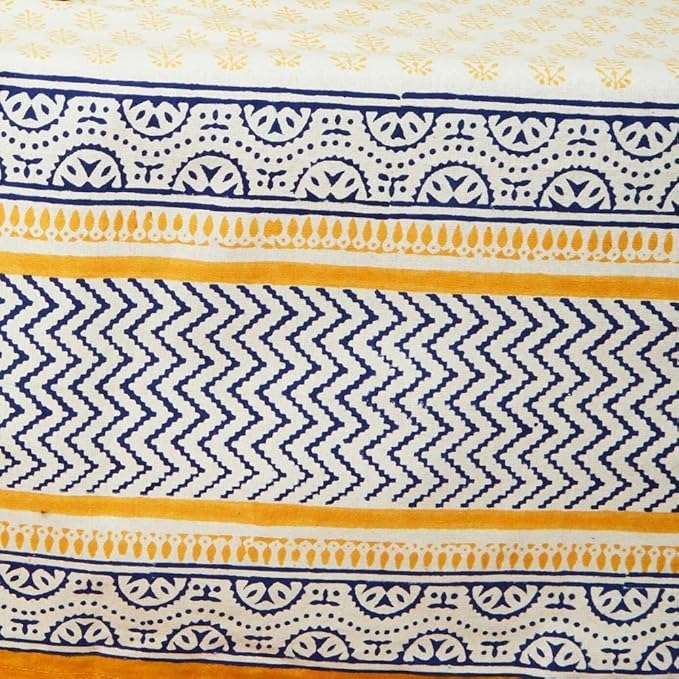 Block Print Cotton Dining Table Cloth, 90" x 60", Rectangle Tablecloth, Decorative Fabric Table Cover, Holidays, Thanksgiving, Christmas, Weddings, Housewarming Gift (Yellow Blue Motif)