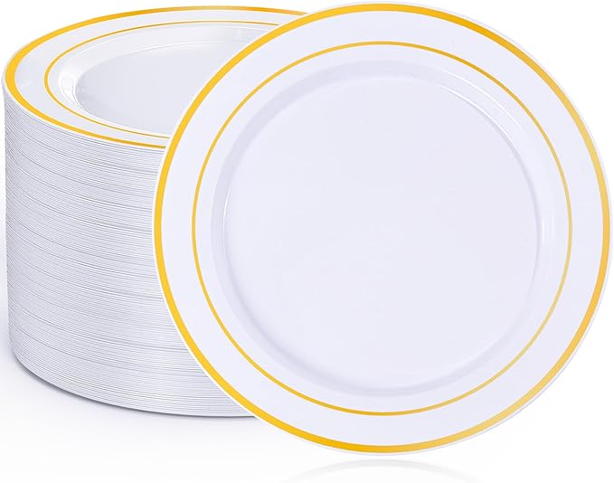 100PCS Gold Plastic Plates, 10 Inch Plates Disposable Dinner Plate Party with Gold Rim, Heavy Duty Disposable Plastic Plate for Party, Wedding and Birthday