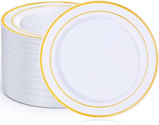 100PCS Gold Plastic Plates, 10 Inch Plates Disposable Dinner Plate Party with Gold Rim, Heavy Duty Disposable Plastic Plate for Party, Wedding and Birthday