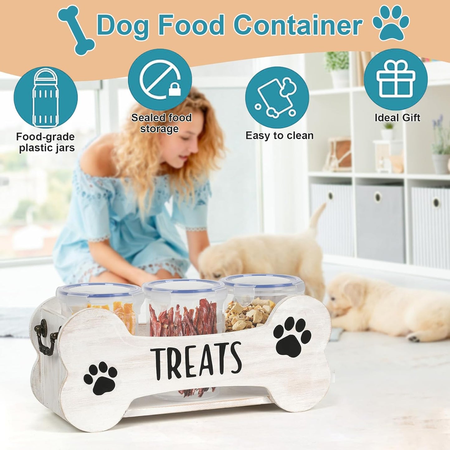 WGFKVAS Dog Treat Storage Containers, 3 Jar Pet food container, White Wooden Pet Food Dispenser for Dogs & Puppies, Perfect Food Storage Solution and Gift for Dog Owners