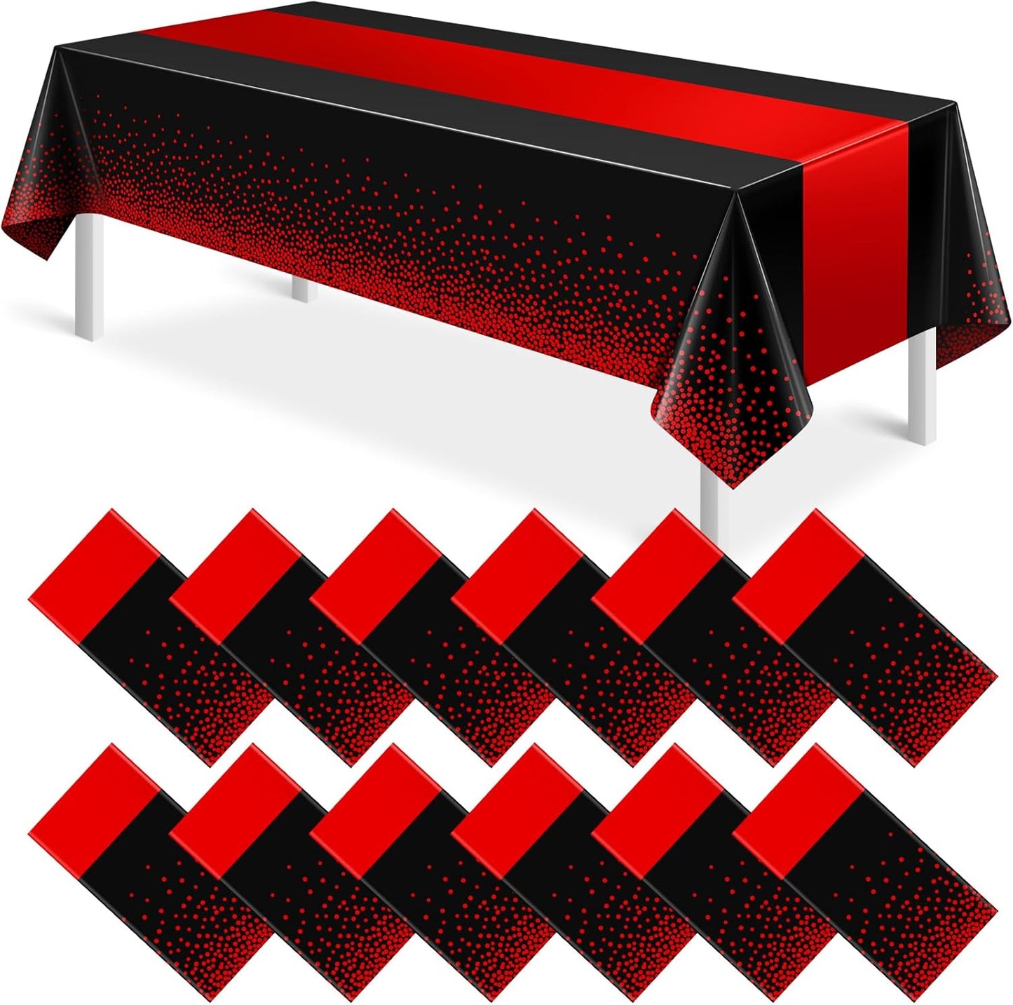 MASHAN 12Pcs Black and Red Tablecloth Party Decorations,Plastic Black Table Cloth Printed Red Table Runner Disposable Rectangle Cover for Birthday Weeding Anniversary Graduation Party,54 x108 Inch