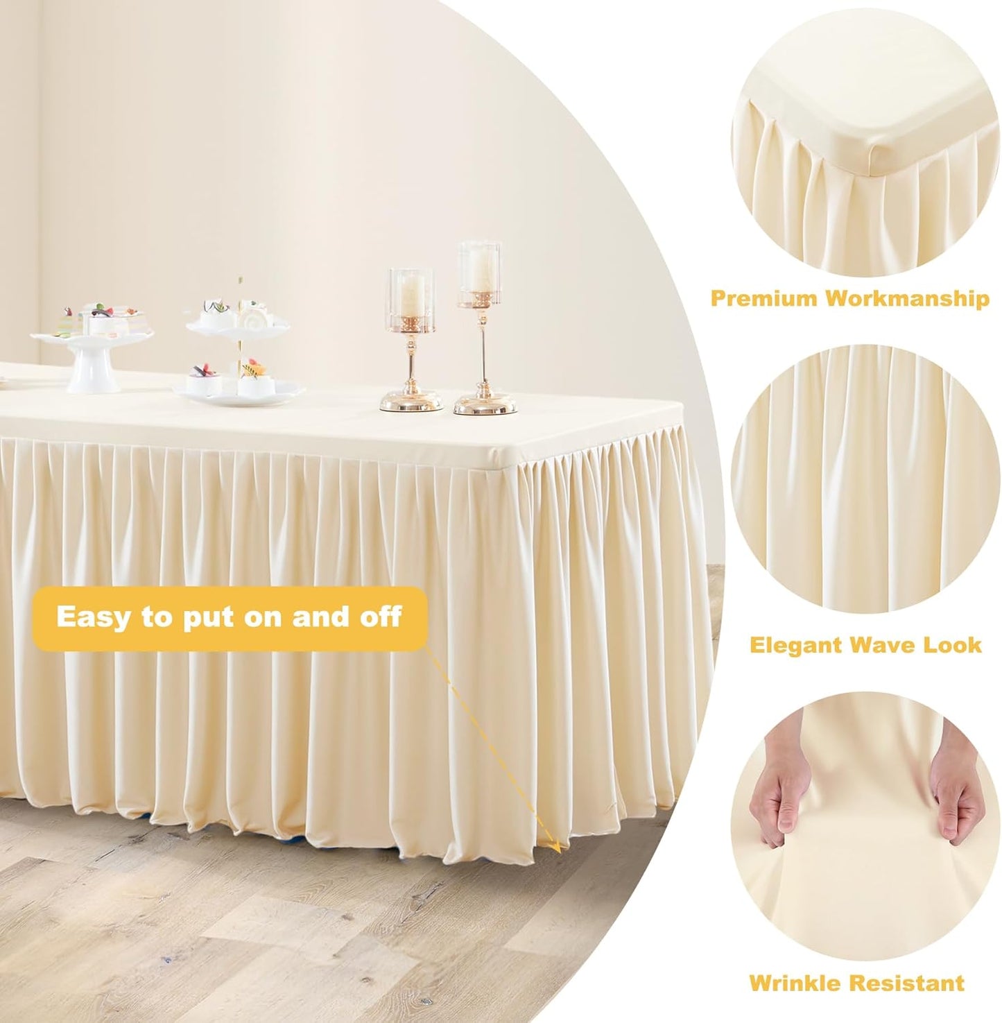 Light Champagne Table Clothes for Rectangle Tables 6ft, Wrinkle Resistant Fitted Table Cloth with Pleated Ruffle Skirts for Banquet Wedding Baby Shower Folding Tables