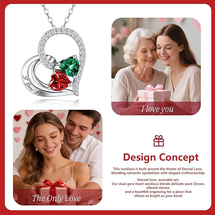 Double Birthstone Heart Necklace 0.8CT Dual-Gemstone S925 Sterling Silver Plated White Gold Engraved I Love You Perfect Anniversary/Valentine's Day Gift for Wife/Girlfriend/Mom/Daughter