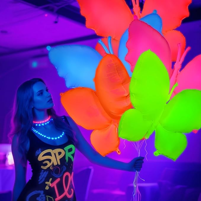 Mega-L Glow in the Dark Party Supplies,5 Pcs Neon Butterfly Balloons Set – Fluorescent Red, Lemon Yellow, Fuchsia, Blue and Orange Balloons Perfect for Birthday, Wedding, Anniversary, Graduation Party