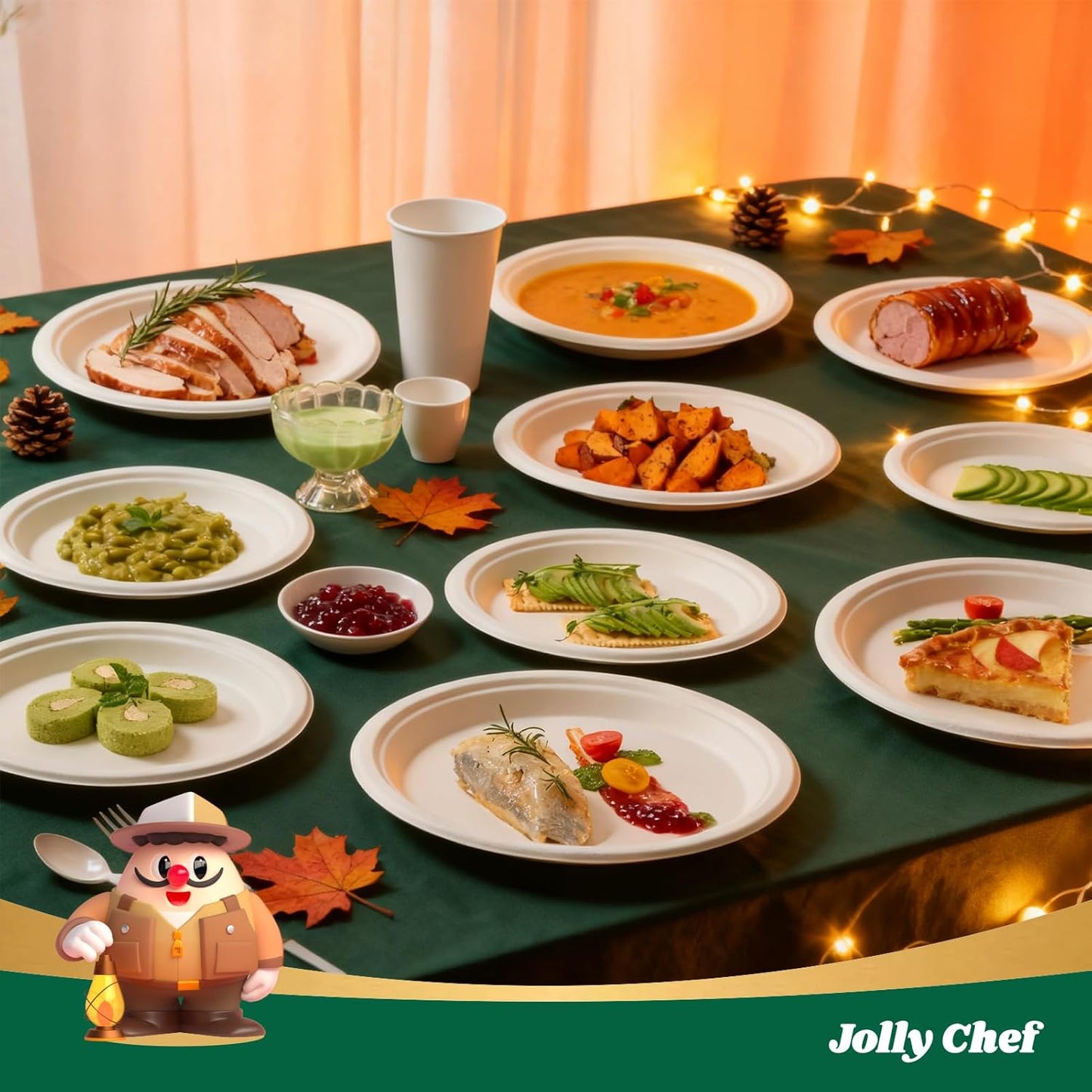 JOLLY CHEF Compostable Heavy Duty Plates 9 Inch [300 Pack] Eco-Friendly Disposable Natural Paper Plates Bagasse Biodegradable Bulk for Party Dinner Sugarcane Fibers Thanksgiving Day(White)