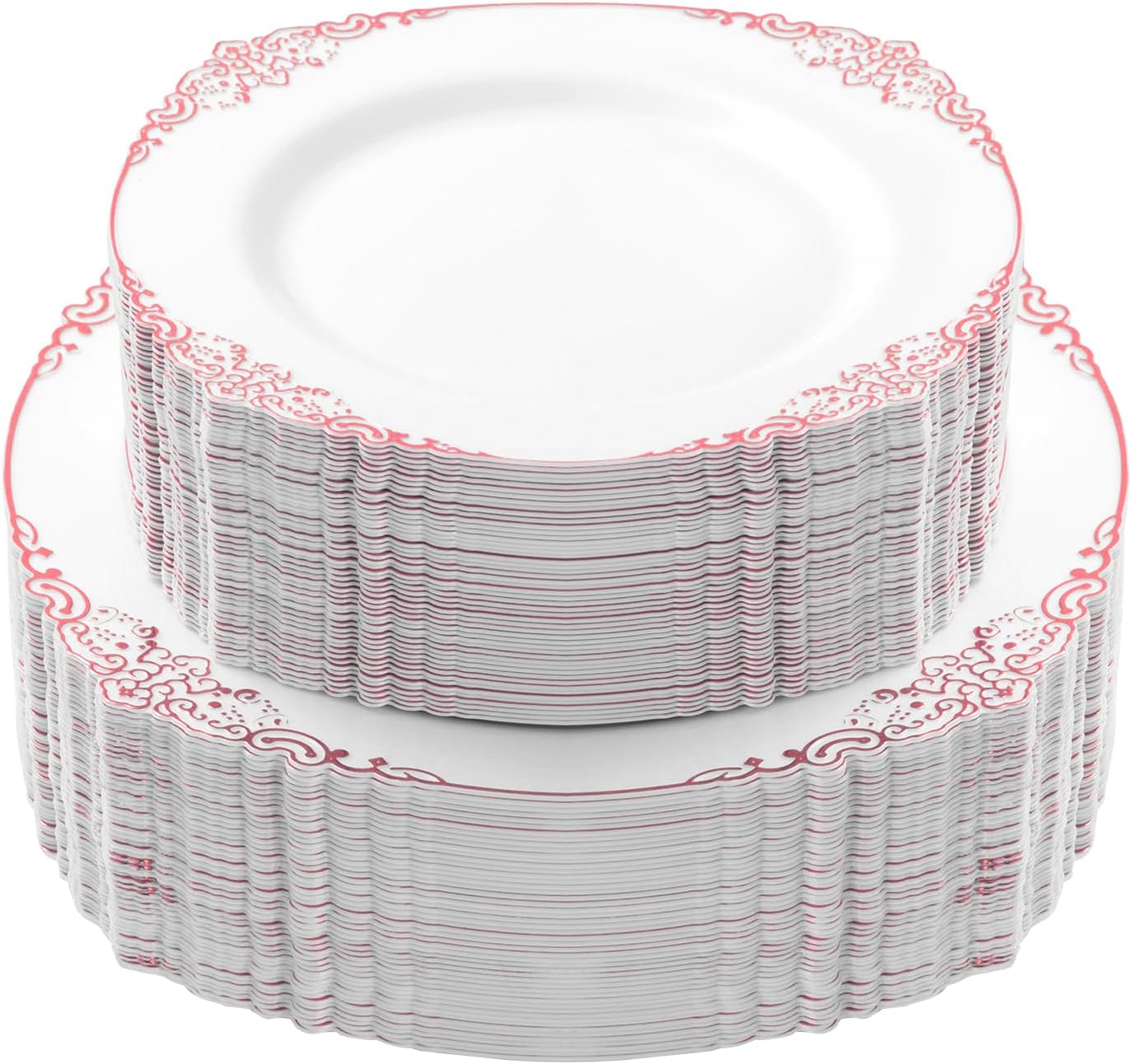 100 PCS White and Rose Gold Plastic Plates for 50 Guests, Rose Gold Disposable Plates Include 50 PCS Dinner Plates, 50 PCS Dessert Plates for Party, Wedding and Baby Shower