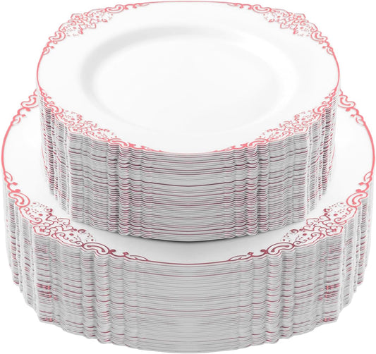 100 PCS White and Rose Gold Plastic Plates for 50 Guests, Rose Gold Disposable Plates Include 50 PCS Dinner Plates, 50 PCS Dessert Plates for Party, Wedding and Baby Shower