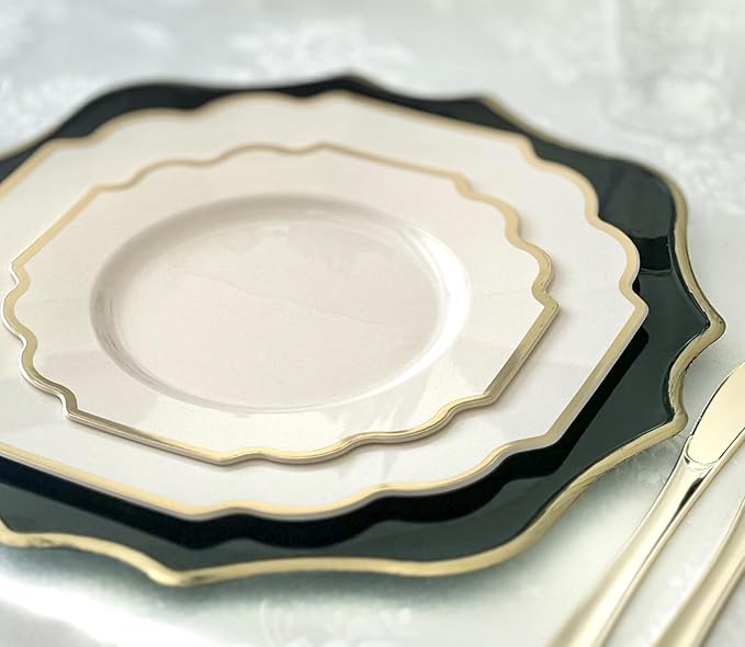 " OCCASIONS " 10 Pieces Round 13'' ACRYLIC MELAMINE Reusable Wedding Charger Plate (Scalloped Black and Gold)