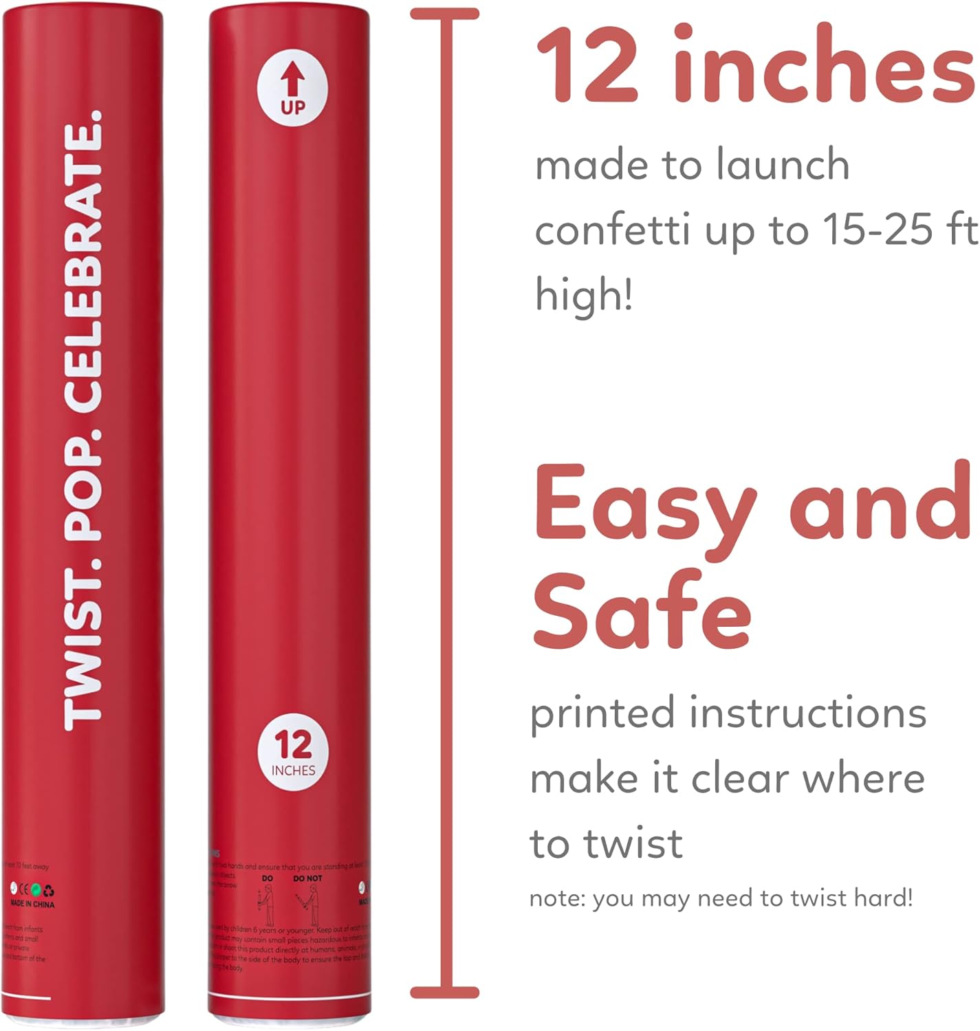 2 Pack Confetti Cannon Confetti Poppers | Biodegradable Red Confetti | TUR Party Supplies | Launches Up to 25ft | Giant (12 in) | Party Poppers for Graduation, Birthdays, Weddings, and Memorial Day