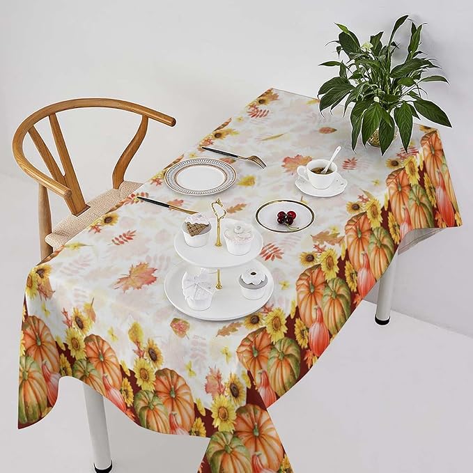Autumn Thanksgiving Pumpkin Tablecloth, Vintage Retro Maple Leaves Watercolor Yellow Sunflower Fall Harvest Table Cover for Party Picnic Dinner Kitchen 60x110 Inch Rectangle