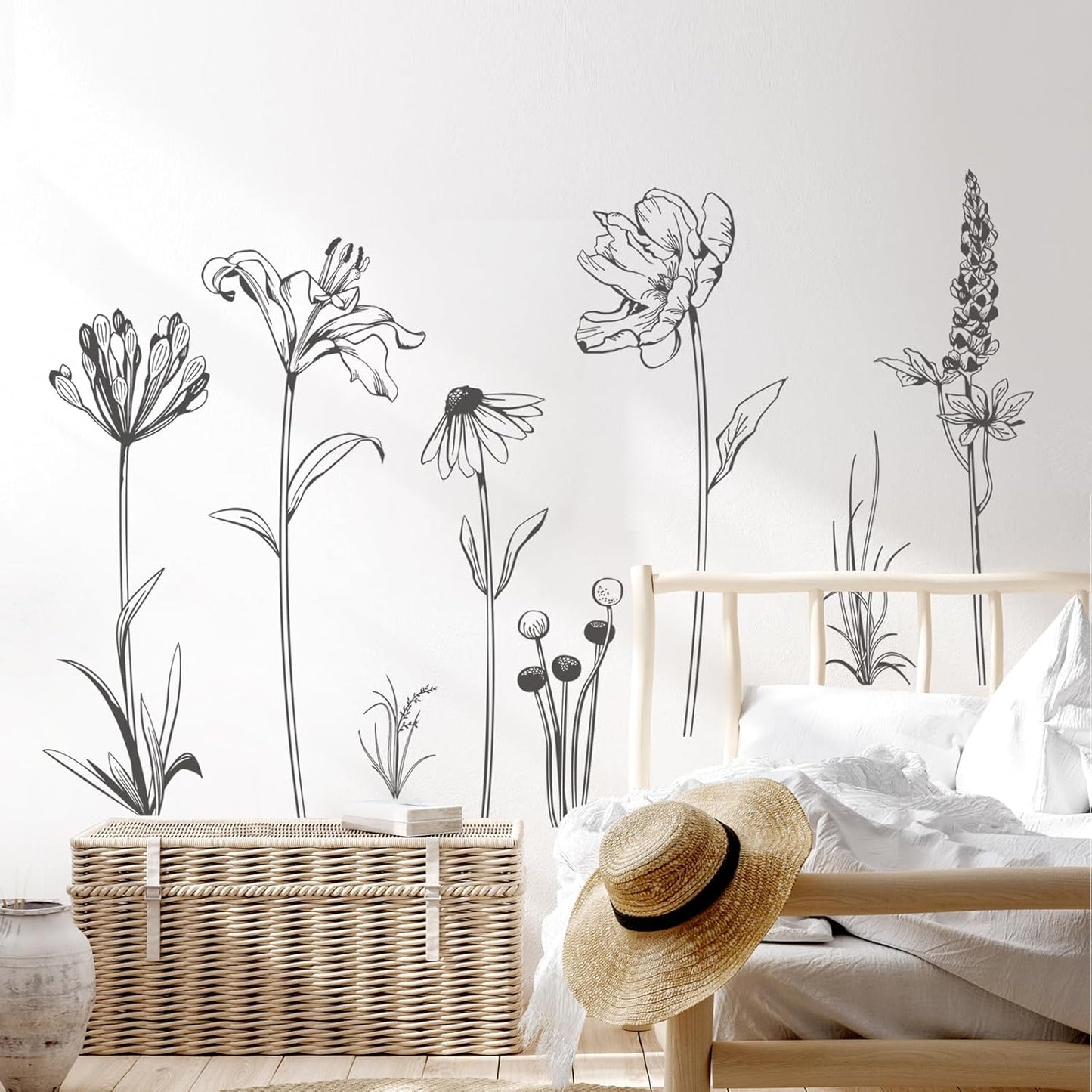 Boho Black Flower Wall Decals Simple Sketch Wildflower Floral Wall Stickers for Girls Bedroom Living Room Bathroom Office Adult Home Decor