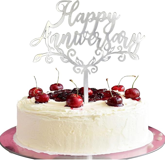 Silver Acrylic Happy Anniversary Cake Topper - Personalized Wedding, Engagement, Anniversary & Bridal Shower Cake Decoration