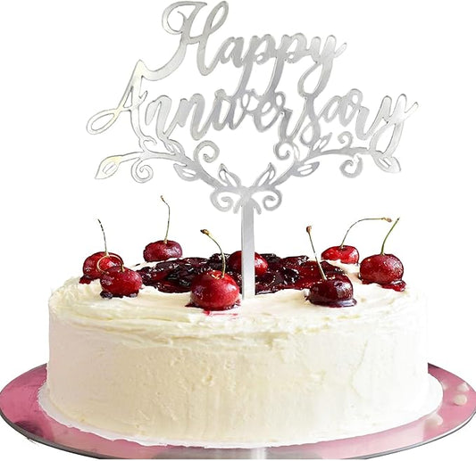 Silver Acrylic Happy Anniversary Cake Topper - Personalized Wedding, Engagement, Anniversary & Bridal Shower Cake Decoration