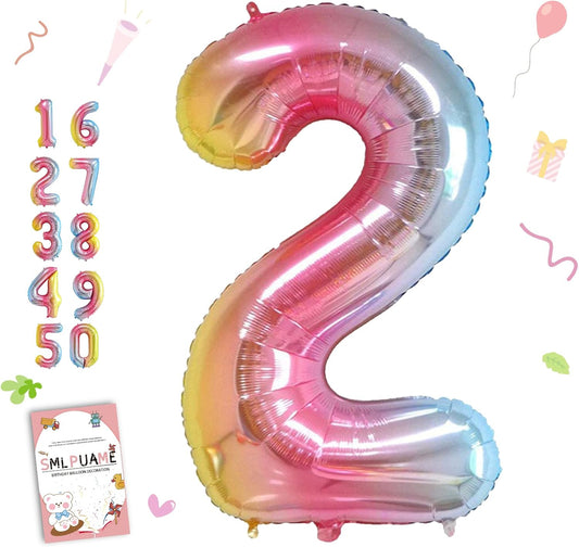 Smlpuame 40 Inch Number Balloons 0-9 Rainbow Gradient Large Number 2 Balloons, Digital Balloons for Birthday Party Celebration Decorations, Helium Foil Number Balloons for Wedding Anniversary