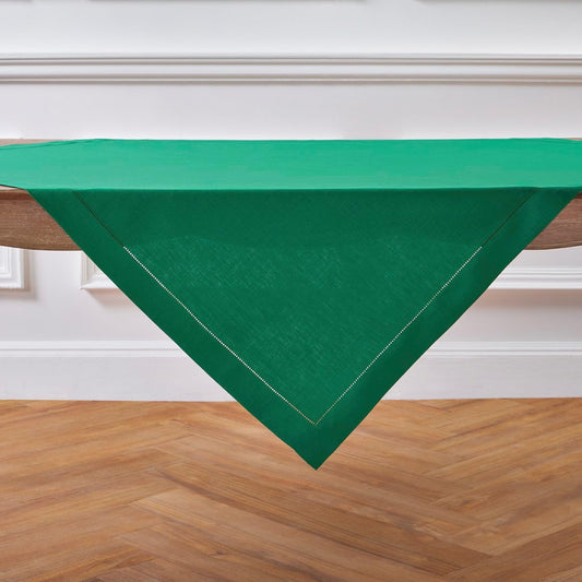 Solino Home Linen Emerald Green Tablecloth 52 x 52 Inch - 100% Pure Linen Square Table Throw - Classic Hemstitch, Machine Washable Table Cloth for Christmas
