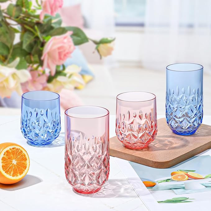 Acrylic Drinking Glasses Set of 12 Pink Mixed Drinks Glassware Unbreakable Palstic Tumbler and Rocks Glass Set 6pcs 18oz Highball and 6pcs 12 oz Cocktail Glasses for Cocktail Iced Coffee Beer Whiske